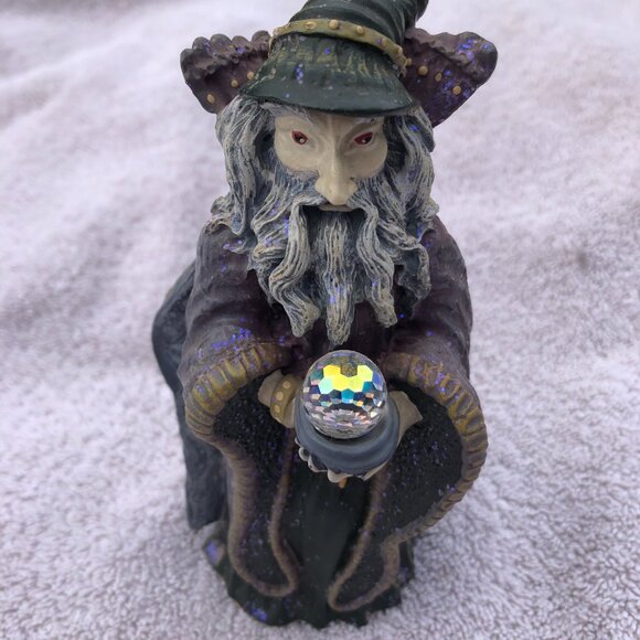 Vintage Spoontiques Wizard With Crystal Ball Orb Red Eyes Metaliic Figurine 6” - Picture 8 of 15